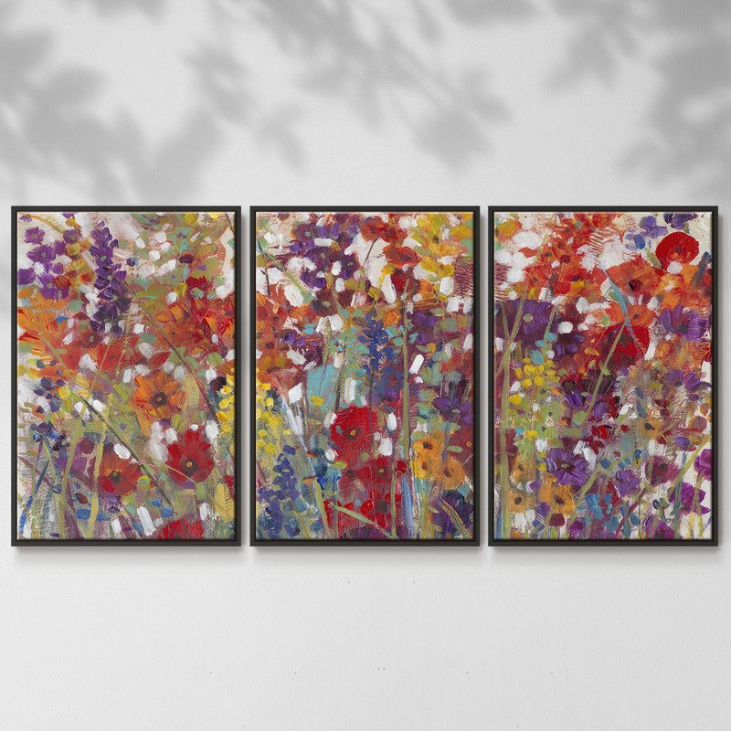 Variété de fleurs II, reproduction sur toile 3 pièces, H 24 po x l 48 po, Cadre noir
