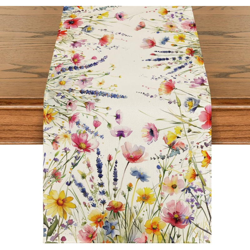 Daisy Eucalyptus Floral Leaves Summer Table Runner, Spring Kitchen Dining Table Decoration For Home Party Décor, 72" x 13"