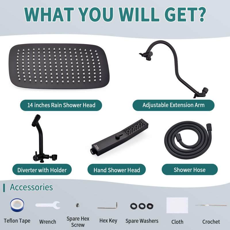 All-metal Dual Shower Head with Massage Mode Equipped , Matte Black, 14"