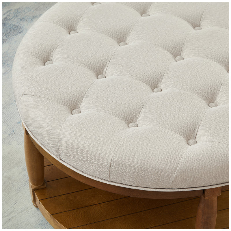 Large Round Tufted Linen Ottoman Coffee Table With Wood Shelf Storage, Ideal For Indoor And Outdoor Use, Brown, Ivory