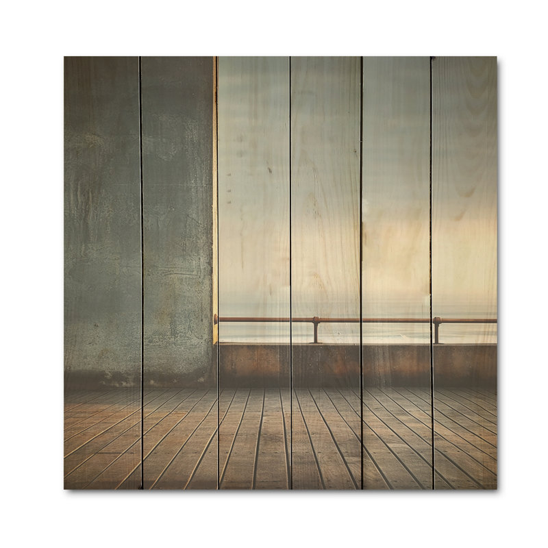 Monochrome Black And White Pier Horizon I - Coastal Pier Wood Wall Art On Natural Pine Wood, 30" H x 30" W