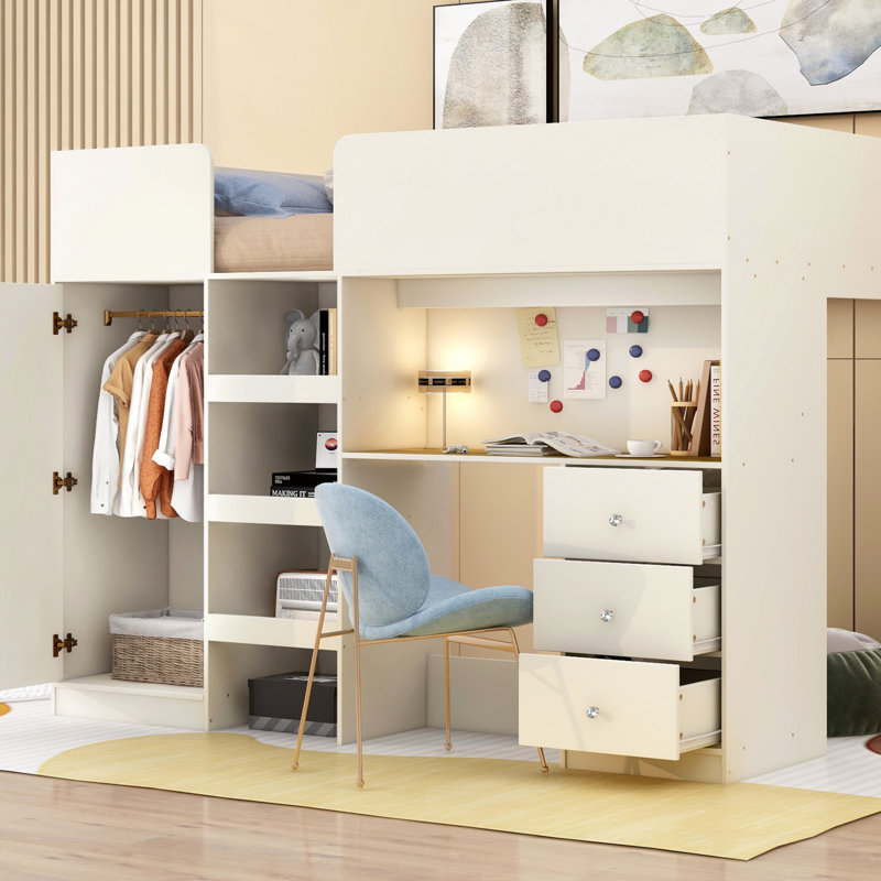 Lit mezzanine double en bois avec garde-robe, bureau et rangement intégrés pour une utilisation efficace de l'espace, Beige