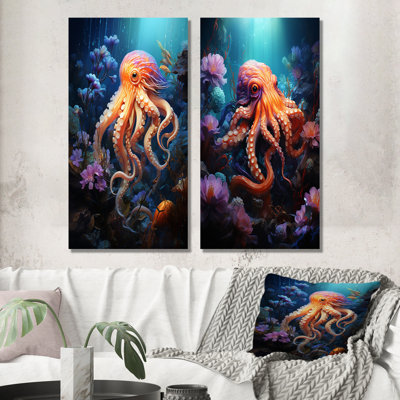 Popart Octupus Impression - ensemble de 2 reproductions d'art sur toile pieuvre / calmar