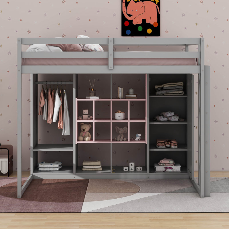  Wood Loft Bed With Wardrobe, Storage Shelves And Cabinet, Gray/Pink, Full