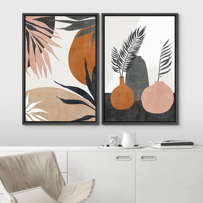 Mid Century Shape IDEA4WALL Framed Canvas Print Wall Art Set Geometric Jungle Palm Leaf Polygons Abstract Shapes Illustrations Modern Art Decorative C