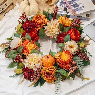 Couronne de pivoines d'automne avec citrouilles et dahlias, décoration florale de porte d'automne rustique avec fleurs en soie pour porche intérieur extérieur, Halloween, action de grâce et décoration saisonnière
