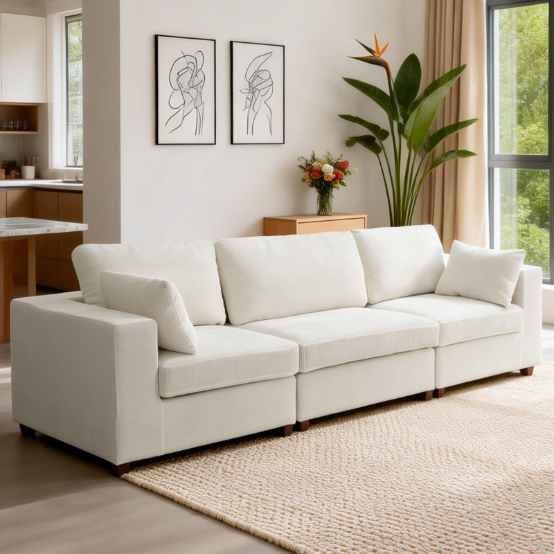 Canapé modulaire rembourré 3 pièces 3 pièces, Chenille beige, H 26 po x l 113,3 po x P 37,8 po
