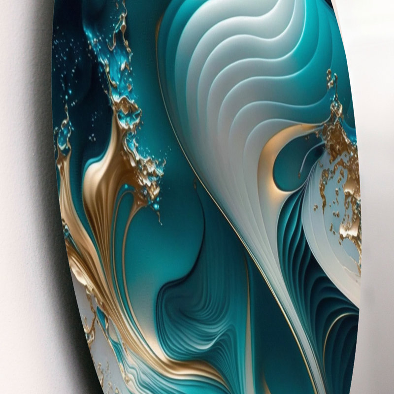 «Abstract Geode Turquoise II», art mural rond en marbre abstrait sur métal, L 16 po x H 16 po