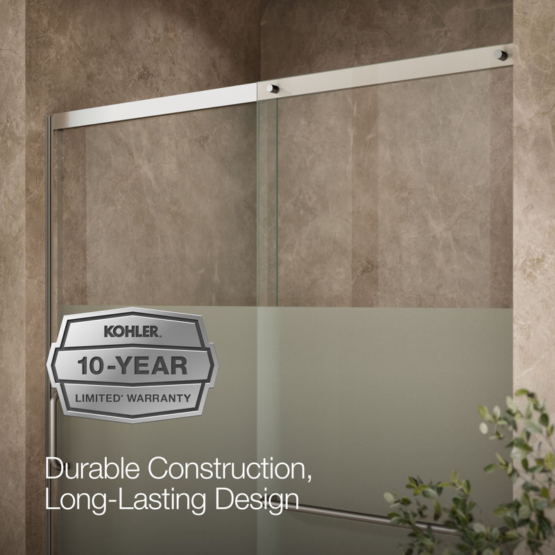Elate Tall Sliding Shower Door, 75-1/2-In H X 56-1/4 - 59-5/8-In W, With Heavy 5/16-In Thick Crystal Clear Glass With Privacy Band