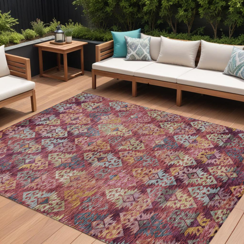 9' X 12' Rust Gold And Blush Aztec Washable Indoor Outdoor Area Rug