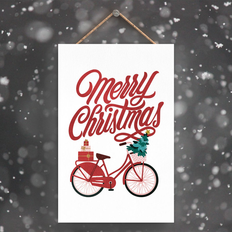 Xmas Merry Christmas Bicycle Wooden Plaque, 18.5cm H x 12cm W x 0.9cm D