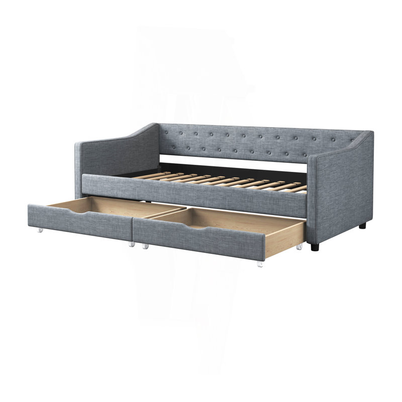 Lit de jour simple avec tiroirs, canapé-lit capitonné, avec boutons sur le dos et passepoil sur les accoudoirs ondulés - Gris clair