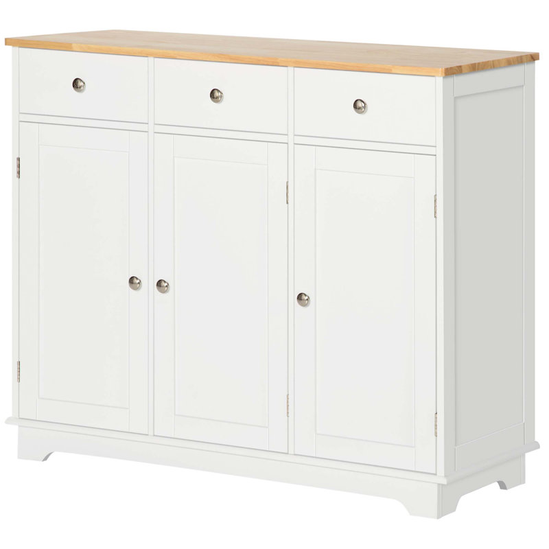 Modern Solid Wood Countertop Sideboard With 3 Drawers, Doors, And Adjustable Shelf For Kitchen Storage And Coffee Bar, White