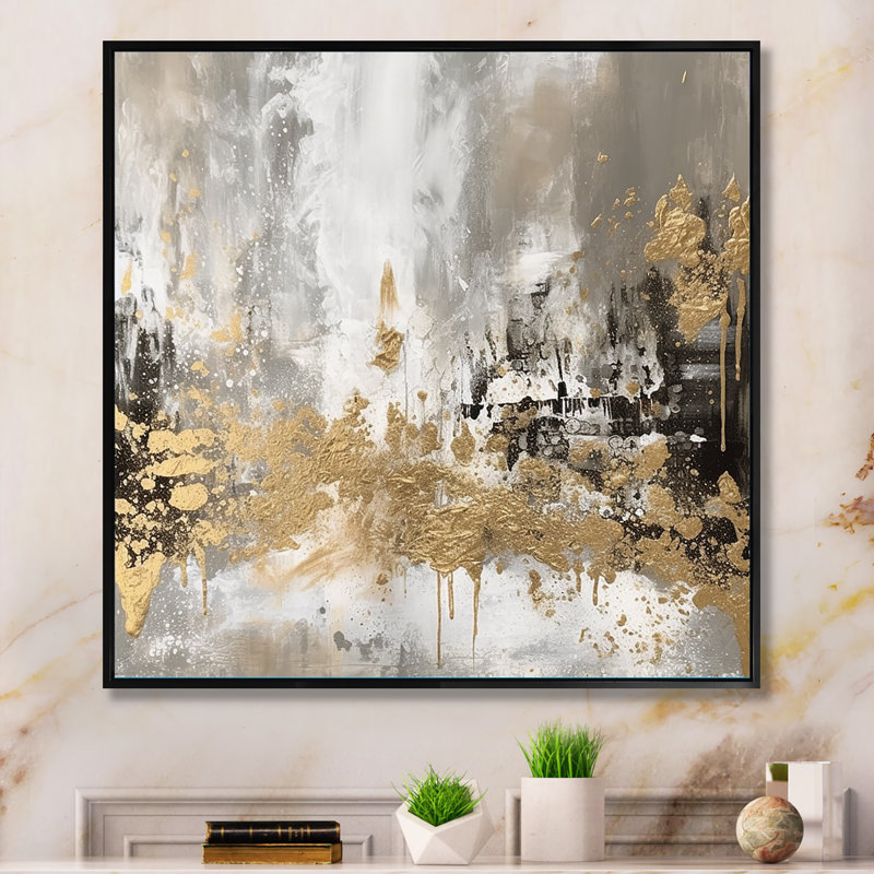 Demetry Modern Golden Abstract - Art mural abstrait, L 36 po x H 36 po, Reproduction avec cadre flottant, Noir