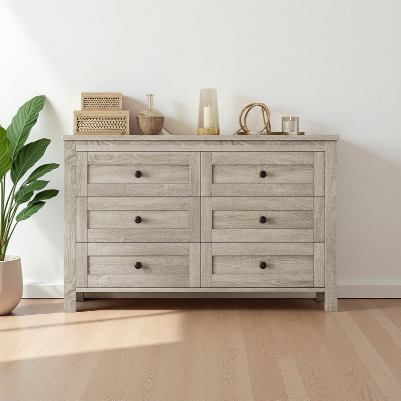 Retro Farmhouse Style Wooden Dresser With 6 Drawer, Anitque Gray