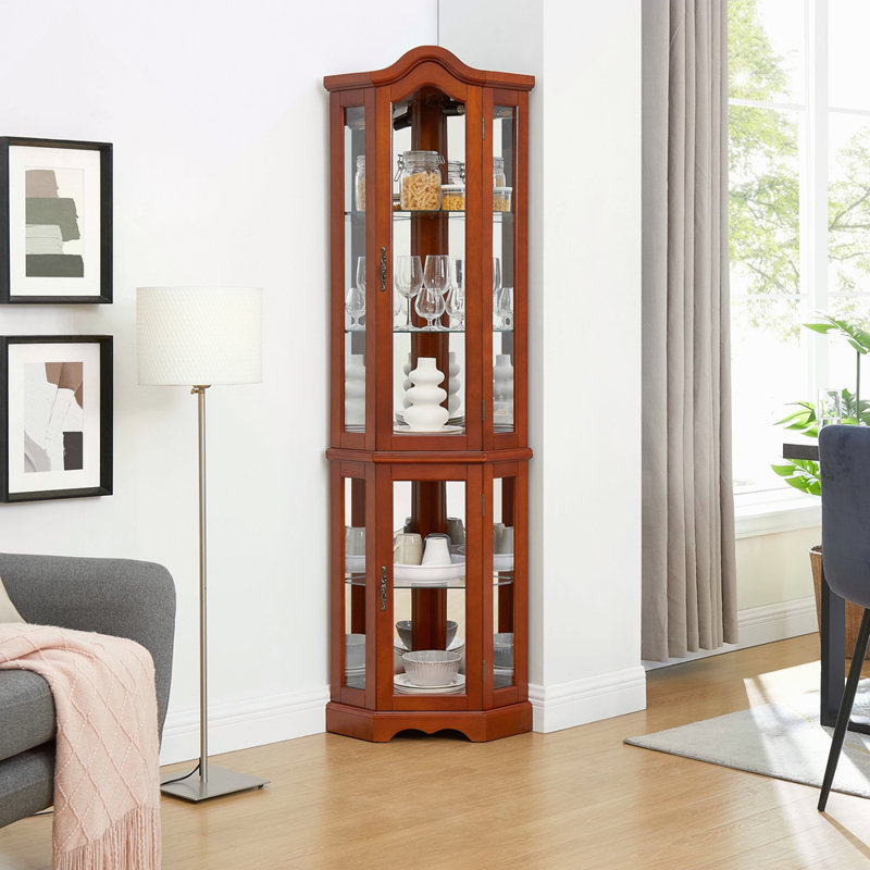 Vitrine de coin avec lumières, tablettes réglables en verre trempé, dos en miroir, vitrine, noyer (ampoule E26 non incluse)
