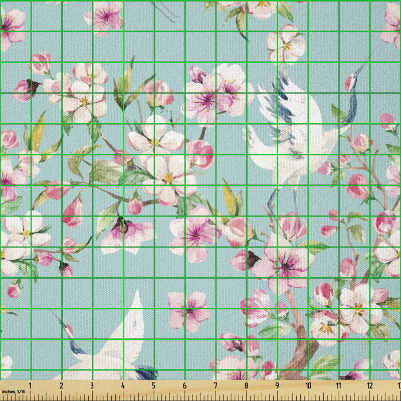 Derone Flying Crane Birds Pink Sakura Cherry Blossoms Multi-Purpose Fabric