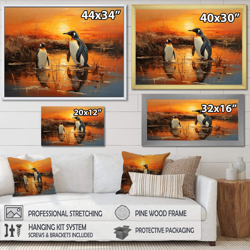 «Playful Sunset Snow Wonders Penguins I», reproduction sur toile, Cadre photo blanc, H 16 po x l 32 po x P 1 po