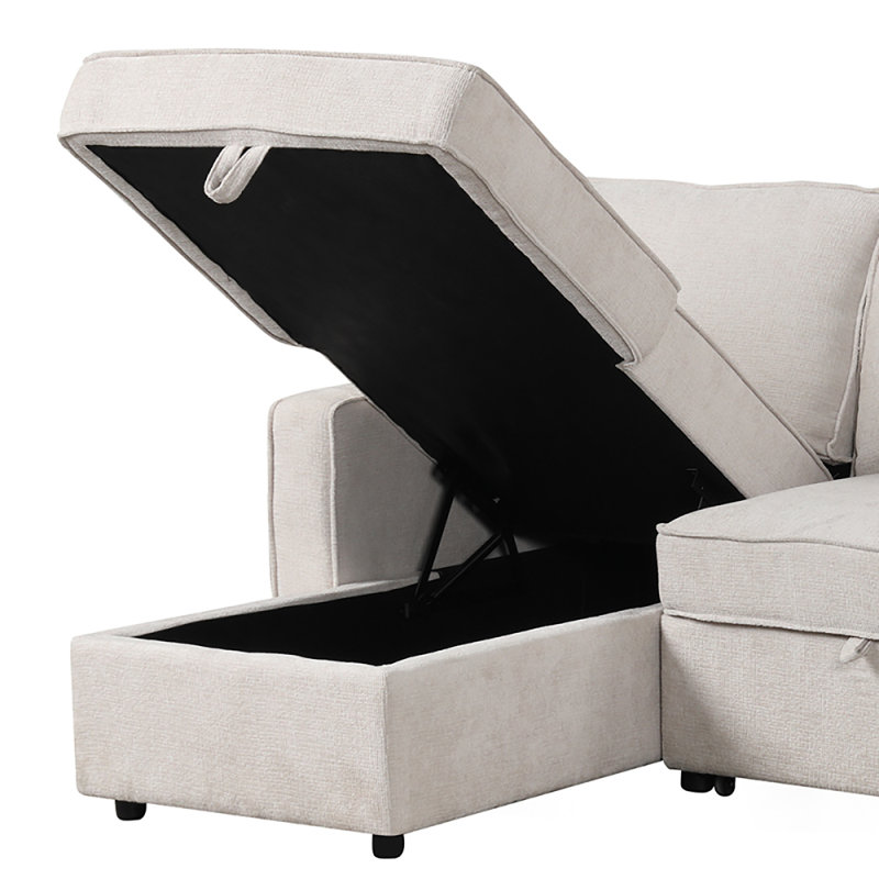 89" Reversible L-Shaped Bayboro With Pull-Out Sleeper, Storage Chaise, USB Ports & 2 Cup Holders, Beige Polyester