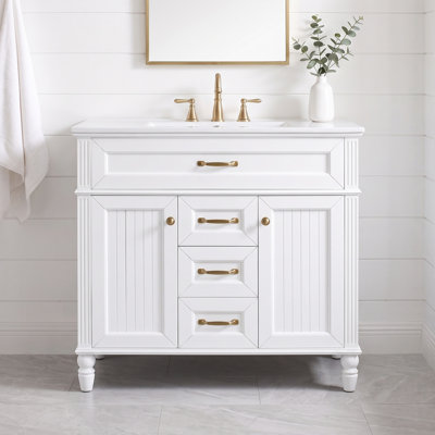 Meuble-lavabo moderne autoportant de 91 cm (36 po) avec lavabo simple en céramique intégrée, 2 tiroirs de rangement, portes à fermeture amortie et tiroir supérieur rabattable.