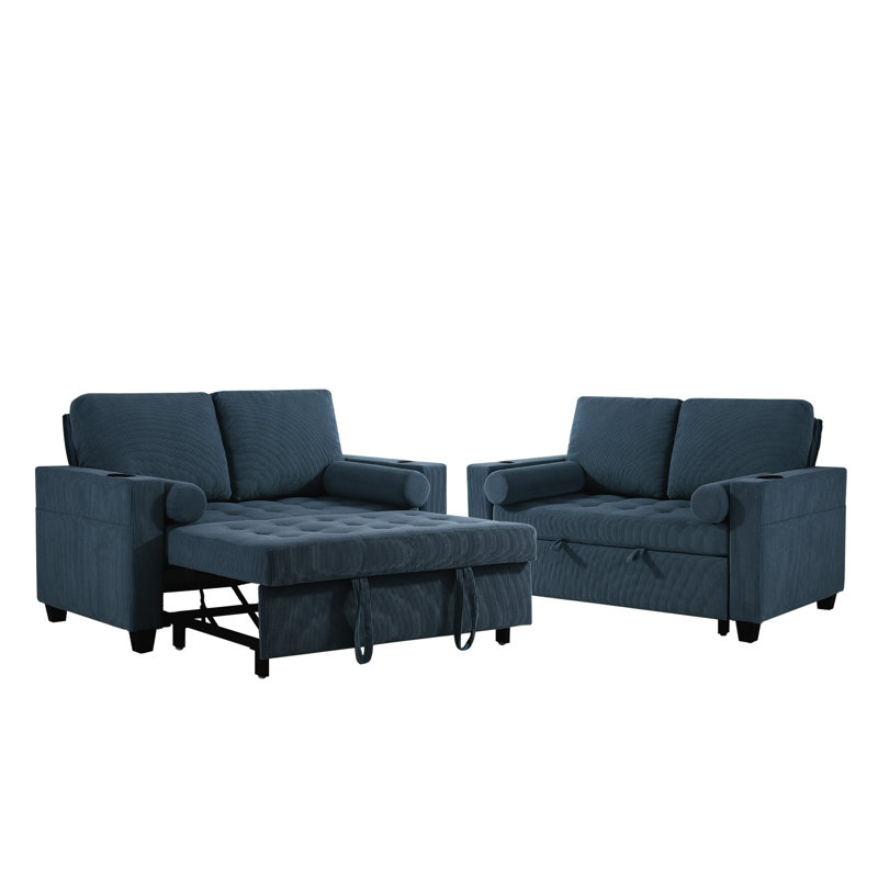Upholstered Tufted Convertible Pull-Out Sleeper Sofa Bed - Adjustable Backrest With 2 Soft Pillows, Navy