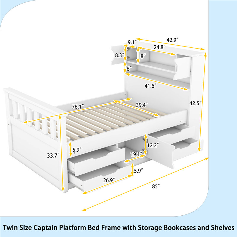 Base de lit plateforme capitaine avec bibliothèques de rangement et tablettes, quatre tiroirs, Lit simple, Blanc