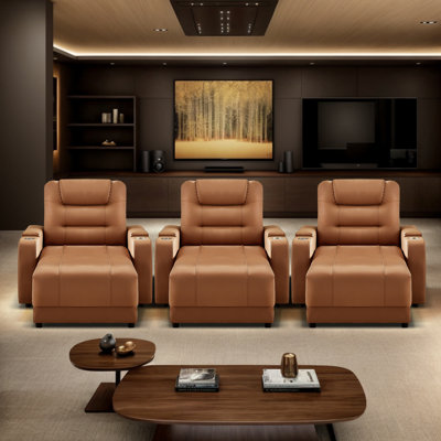 Modern Electric Power Upholstered Reclining Home Theater Seating with Adjustable Backrests, Wireless Charging & Cup Holder – Faux Leather(Set of 3)