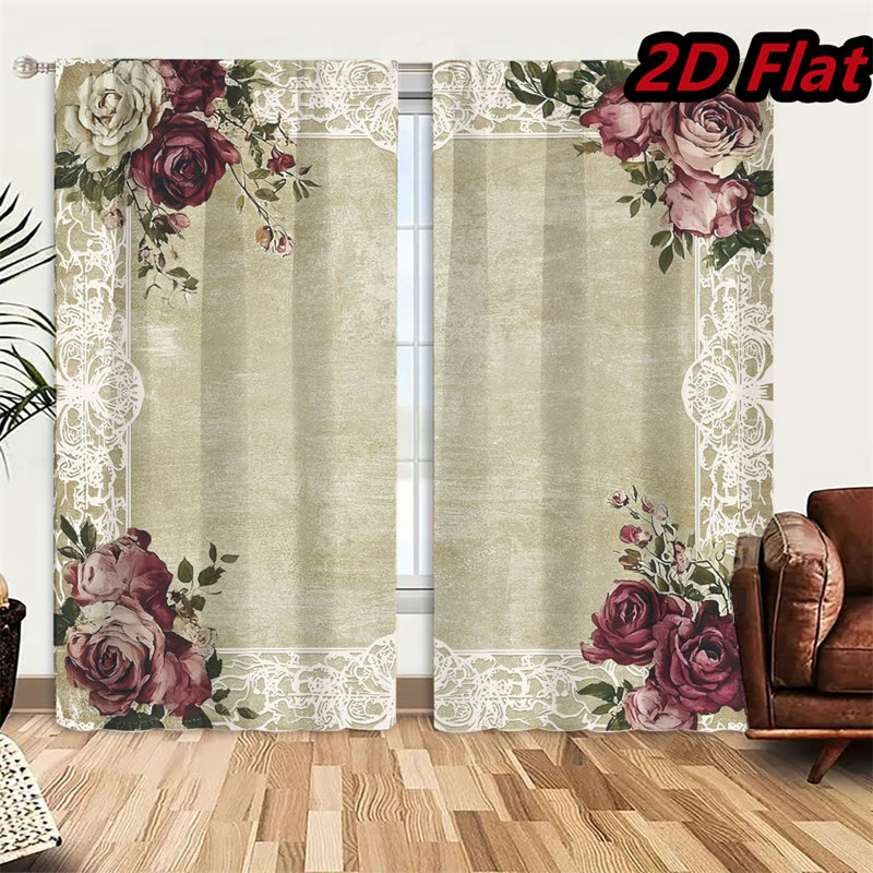 2Pcs Vintage Rose Floral Window Curtains Elegant Victorian Style Panels With Lace Border Home Decor Drapes For Bedroom Living Room Kitchen Dining Rod Pocket Design Burgundy Flower Pattern Office Partition