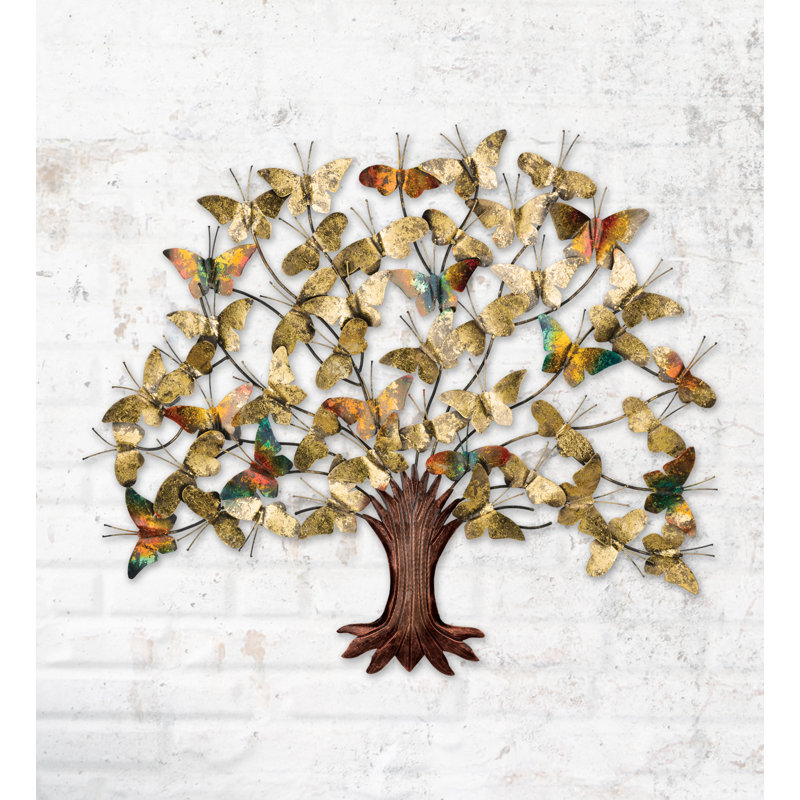 Gold and Multicolor Metal Butterfly Tree of Life Wall Sculpture