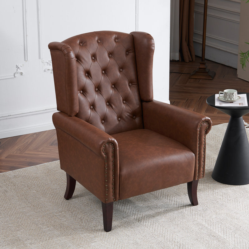 Everlynn Faux Leather Wingback Chair, Brown Faux Leather