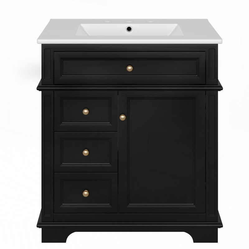 Meuble-lavabo moderne avec lavabo en céramique et tiroirs à fermeture en douceur, Noir
