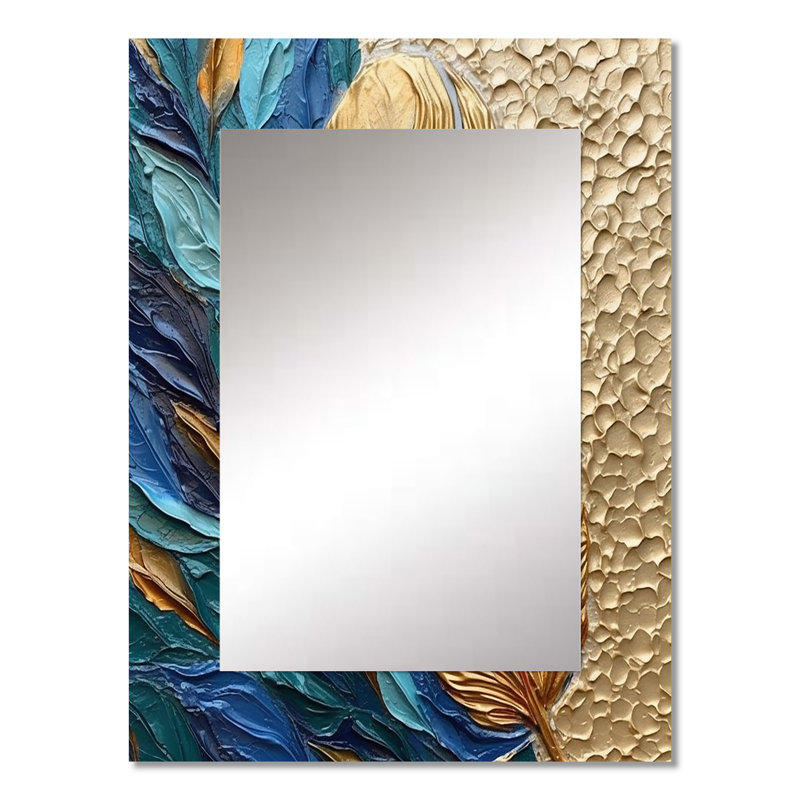 Boho Glam exquis or sur plume bleue, peinture V - miroir mural en plumes, 32 po x 24 po