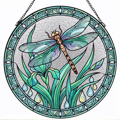 Dragonfly Art Stained Glass Window Panel，7.8H