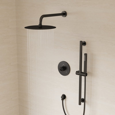 10" Pressure-Balanced Rain Shower System with Adjustable Slide Bar Handheld Shower and Rough-In Valve