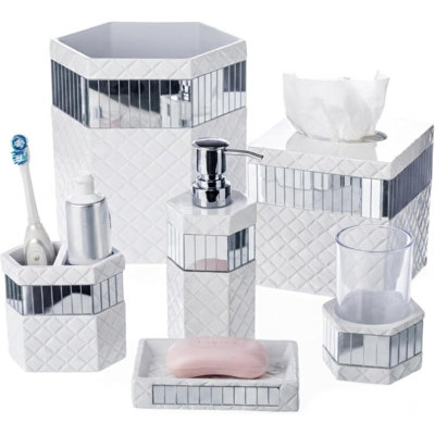 Creative Scents Quilted Mirror 6 Piece Bathroom Accessories Set