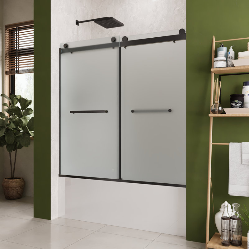 55" - 59" W×59" H Double Sliding Frameless Bathtub Shower Door With 3/8" Frosted Tempered Glass, Matte Black