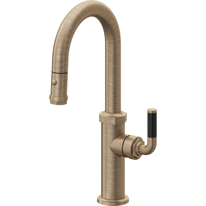 Descanso Kitchen Pull-Down Prep/Bar Faucet with Button Sprayer, Antique Brass Flat