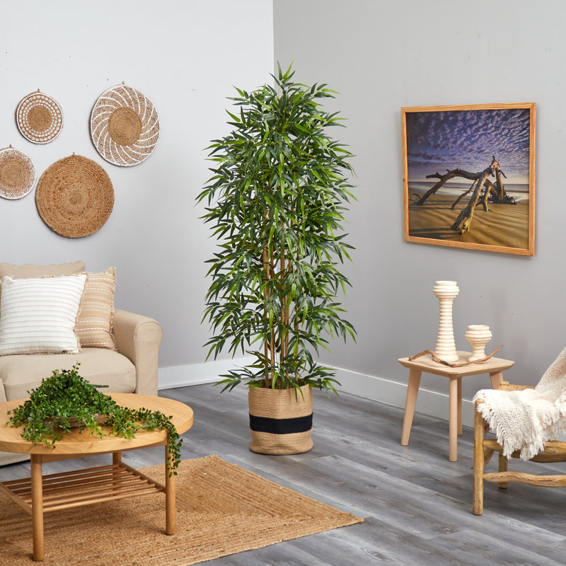 75'' Faux Bamboo Tree in Burlap, Cotton Planter