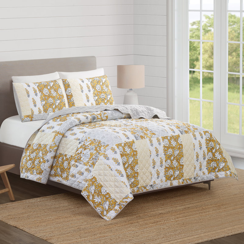 Ensemble de courtepointe en microfibre à imprimé floral safran 3 pièces, Courtepointe pour lit double/grand et 2 taies déc