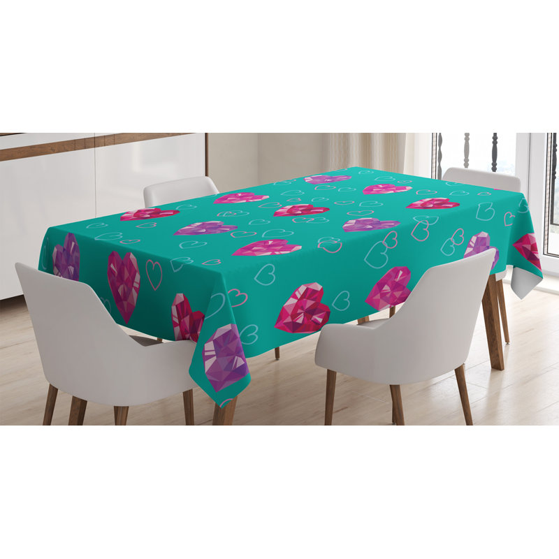 Teal Tablecloth, Crystal Hearts And Gemstone Valentine's Day Celebrating Romantic Print, Rectangular Table Cover For Dining Room Kitchen Decor, 52" X 70", Red Fuchsia Teal