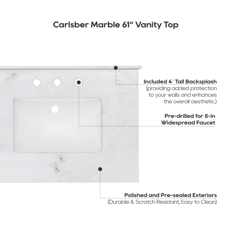 61" White Marble Double Sink Undermount Vanity Top