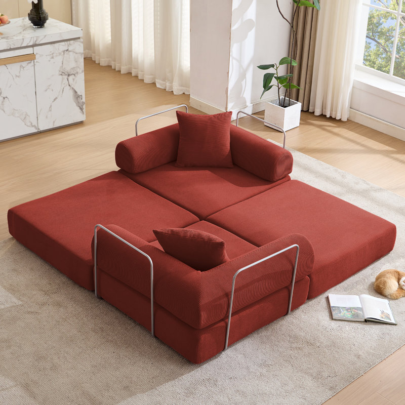 Canapé-lit modulaire pour appartement, canapé-lit convertible avec structure fixe et accoudoirs amovibles, matelas pliant pour petits espaces, sans assemblage, velours côtelé, rouge Ancora