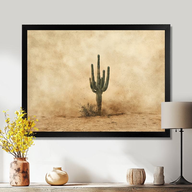 Cactus tempête de sable III - cactus, décoration murale, Cadre simple, Noir, H 12 po x l 20 po