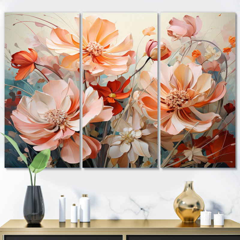 Coral Petal Symphony I sur toile, reproduction de 3 pièces, H 28 po x l 36 po x P 1 po