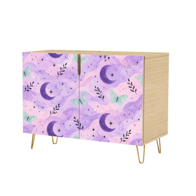 Sideboard Buffet Cabinet with Storage Whimsical Night Sky Purple Moons Stars Constellations Green with 2 Doors for Living Room and Kitchen