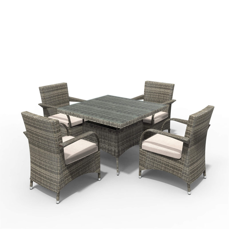 Abrihome 5-piece Outdoor Dining Set With Square Table In Pe Wicker And Cushions, Gray/Light Gray