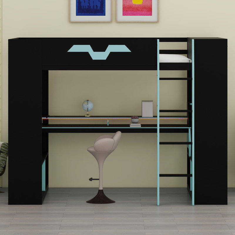 Modern Loft Bed with Integrated Power Hub, Multi-Port Charging, and Customizable Ambient Lighting, Blue