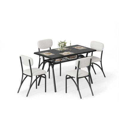 Modern 5-Piece Dining Table Set, Top Rectangular Kitchen Table with Storage Shelf, 4 Boucle Upholstered Chairs, Space-Saving for Apartment