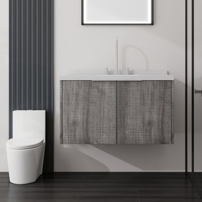 Meuble-lavabo de 91 cm avec lavabo, armoire de rangement suspendue en contreplaqué avec portes à fermeture amortie, comptoir en marbre reconstitué, chêne gris