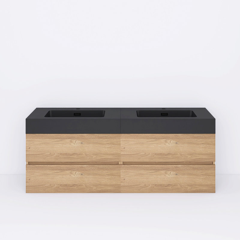 Meuble-lavabo double 60 po avec lavabo en quartz noir, Noir, 60", Brun
